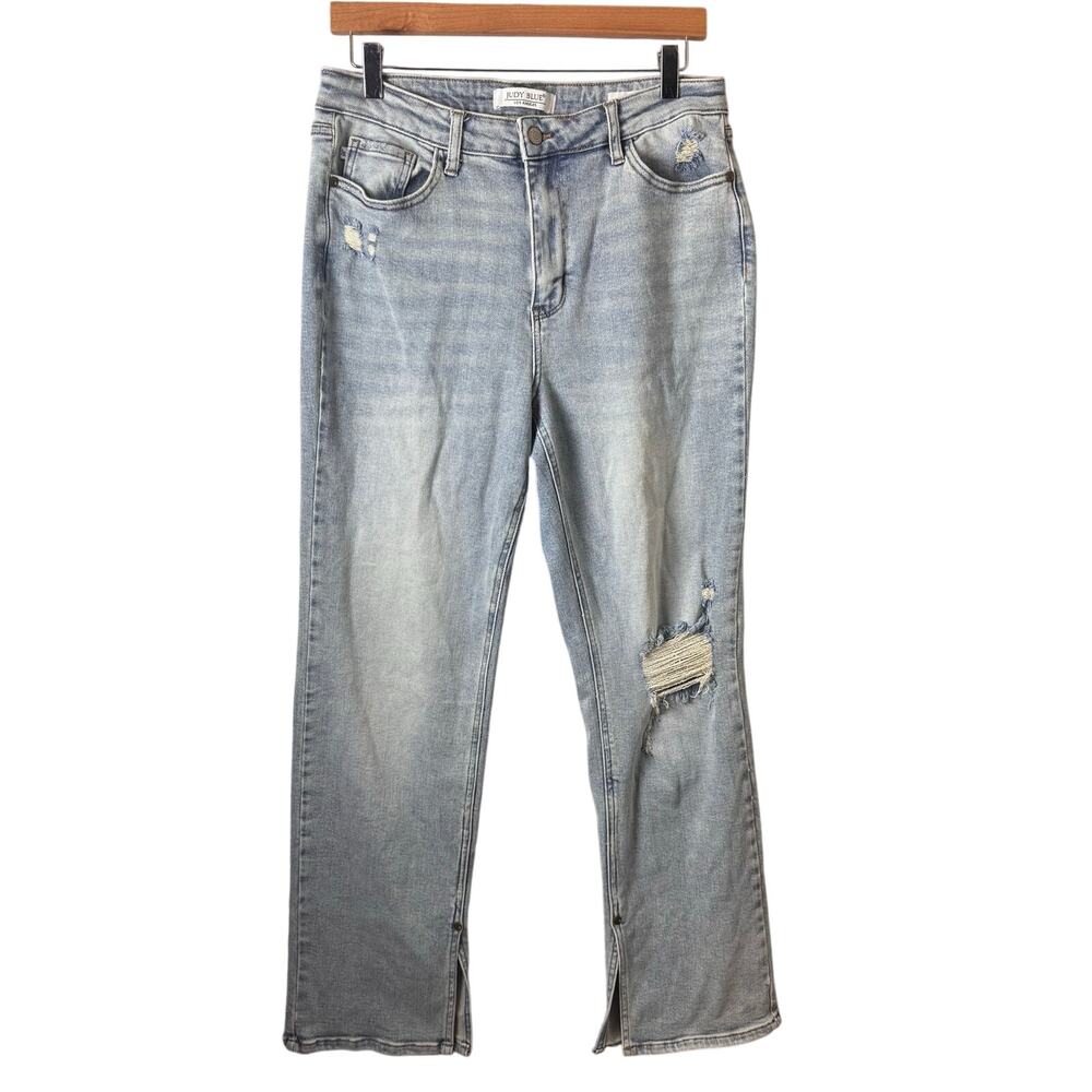 Judy Blue Jeans Womens Size 31 Straight Leg Split Ankle Distressed Light Wash